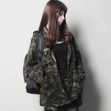 韩国代购2015秋季新款女装韩版中长款迷彩长袖风衣外套大衣7569