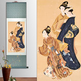 丝绸国画仕女图日式和室装修挂画工笔画美女条幅卷轴人物装饰画
