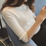 2016春夏新款 韩版圆领修身短款针织衫女套头打底衫长袖纯色条纹