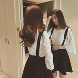 2016秋季新款韩版时尚气质喇叭袖蕾丝衫上衣+高腰背带裙两件套装