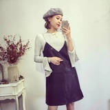 2016秋装新款韩国代购时尚套装喇叭袖上衣+吊带皮连衣裙两件套女