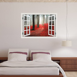 创意假窗户红叶树林风景3d墙纸墙贴客厅走廊立体效果防水墙贴贴画