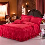 结婚纯棉全棉贡缎蕾丝婚庆大红床裙式床罩四件套1.5 1.8米床