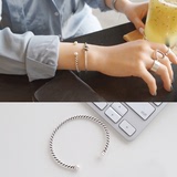 韩国s925纯银麻花镶嵌淡水珍珠复古开口手镯女 纹绳复古泰银手环