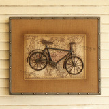 美式乡村木制配铁艺麻布复古做旧向右自行车装饰挂画个性墙饰壁画