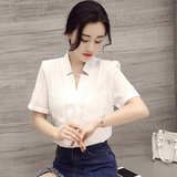 2016夏装新款V领棉麻衬衫女韩版时尚宽松显瘦百搭白色短袖衬衣