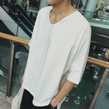 夏季新款韩版宽松男士短袖t恤港风前短后长V领T恤男纯色半袖上衣