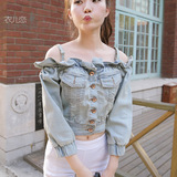 韩国春夏一字领超短款T恤性感吊带牛仔露脐装长袖短装露肩上衣女