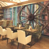 3d复古怀旧木纹车轮大型壁画咖啡馆餐厅酒吧KTV墙纸客厅卧室壁纸