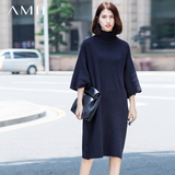 Amii艾米旗舰店冬季女装通勤宽松高领套头五分袖毛衣裙连衣裙