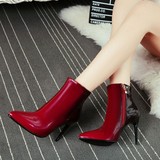 新款欧美秋冬季亮皮鞋单跟女鞋子红尖头高跟细跟漆皮侧拉链短靴女