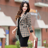 2016春季新款女装短款格子小西服外套韩版时尚修身长袖大码小西装