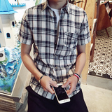 夏季日系亚麻格子短袖衬衫男士加肥加大码棉麻半袖寸衣韩版潮男装