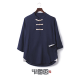 中国风复古民族亚麻半袖上衣夏季七分袖T恤加肥加大码7分短袖男装