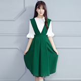 2016春装新款女装韩版修身连衣裙夏雪纺中长裙时尚背带裙两件套装