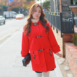 2015冬装新款韩版学院风呢大衣女中长款修身显瘦牛角扣毛呢外套潮