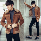 韩版冬装新品青年男潮修身短款真羊羔领加厚保暖外贸原单棉衣外套