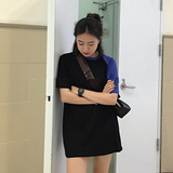 2016夏装新款韩版原宿风插肩袖宽松中长款性感撞色短袖T恤女上衣