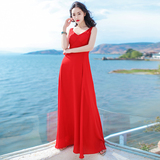 2016夏季新品女装大红裙子无袖雪纺连衣裙长裙波西米亚海边沙滩裙