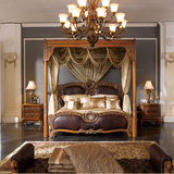美式实木雕花双人床 欧式双人床 婚床真皮双人床描银双人床柱子床