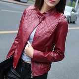2016春秋女装韩版修身短款大码一字领皮夹克网格拼接透气皮衣外套