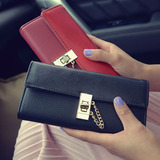 链条锁钱包带盒新款韩版女士长款转锁三折手拿包零钱包