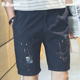 韩版时尚个性破洞印花沙滩裤2016夏季新款直筒百搭男士短裤潮中裤