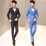 秋冬季新款韩版修身男士西服套装英伦休闲格子商务职业西装三件套