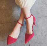 16韩版春夏红色单鞋女性感系带一字扣绑带黑色绒面尖头细跟高跟鞋