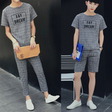 夏季亚麻格子T恤男短袖九分裤子套装学生潮流韩版衣服休闲两件套