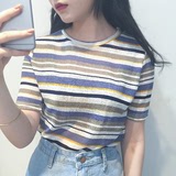 韩国ulzzang彩色条纹冰丝棉显瘦短袖T恤女夏