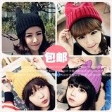韩国可爱猫耳朵帽毛线帽子恶魔牛角针织帽套头帽女士秋冬天韩版潮