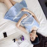 于momo 粉末蓝色 2016新款韩版撞色花边拼接无袖蕾丝连衣裙女夏装