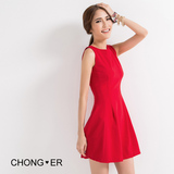 Chong R-2016春夏新款圆领简约无袖收腰 修身显瘦纯色 连衣裙