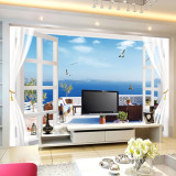 3D立体墙纸 客厅卧室背景墙壁纸大型壁画假窗 空间拓展大海蓝天