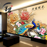 中式大型壁画木纹3d立体浮雕刻壁纸客厅电视沙发背景墙纸牡丹孔雀