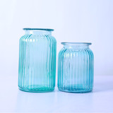 蓝色玻璃花瓶 地中海简约广口花瓶 家居装饰品花器