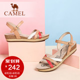 Camel/骆驼女鞋  2016夏季新款 甜美羊皮拼色真皮坡跟中跟凉鞋