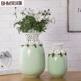 贝汉美家居饰品陶瓷工艺花瓶新房装饰摆件创意时尚镂空薄荷绿花瓶
