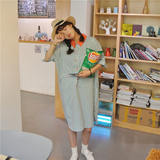 韩国ulzzang学院风撞色领口宽松显瘦竖条纹连衣裙女中长款衬衫裙
