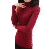 2015冬款韩版蕾丝纽扣设计显瘦保暖打底毛衣针织衫