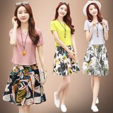 2016夏装新款韩版女装修身中长款连衣裙套装棉麻短袖两件套短裙子