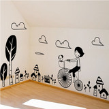 公主女孩儿童房间卧室卡通墙贴纸贴画小树林单车骑车黑色简约墙贴