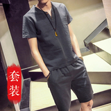 夏季新款男士日系棉麻短袖薄T恤套装时尚青年休闲短裤学生体恤衫