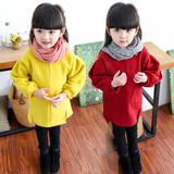童装2015女童秋冬装新款韩版外套中小童灯笼袖纯色中长款套头卫衣