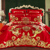 欣恋家纺 中式大红色婚庆床上用品 龙凤刺绣家纺床盖四六八十件套