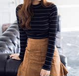 韩国代购女装纯棉条纹长袖T恤2015新紧身打底衫短款体恤上衣外穿