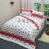 纯棉春季田园碎花四件套白色全棉床品红色草莓床单式定制床笠床群