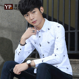 男装早秋新款青少年长袖衬衫男薄款夏季学生韩版修身男士印花衬衣