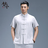 中国风棉麻爸爸夏季中式刺绣休闲中老年唐装男士短袖套装衬衫